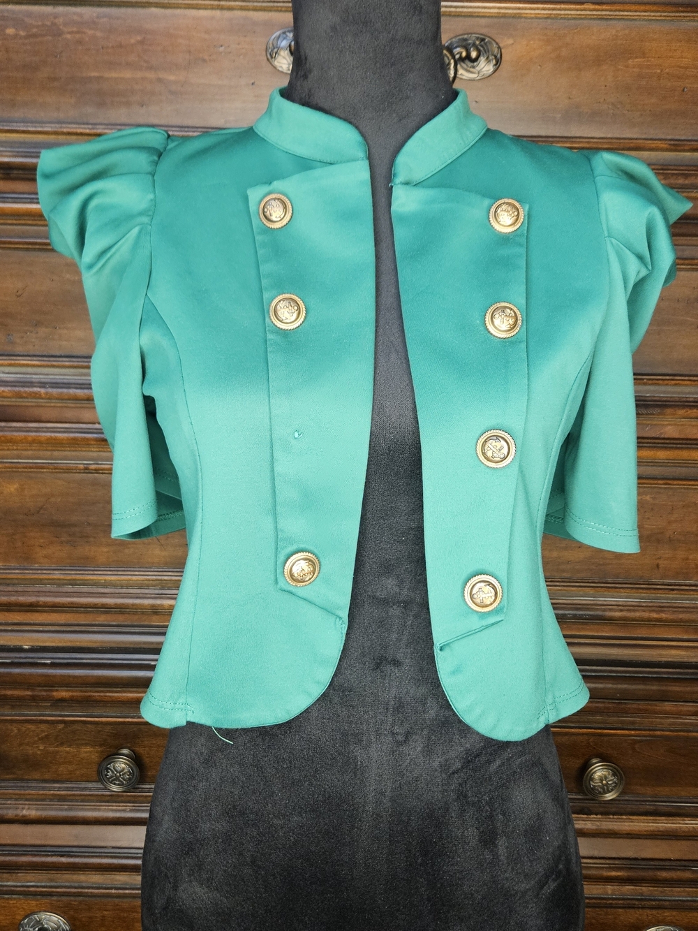 Chocolate Green Short Double-Breasted Blazer with Gold Buttons